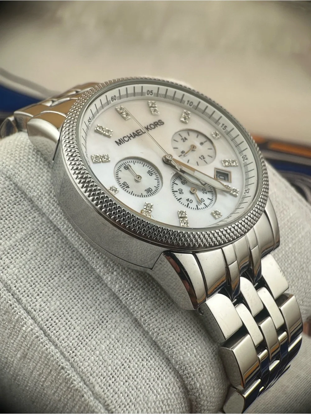 Michael Kors Silver-Tone Men’s Chronograph Watch with Mother-of-Pearl Dial